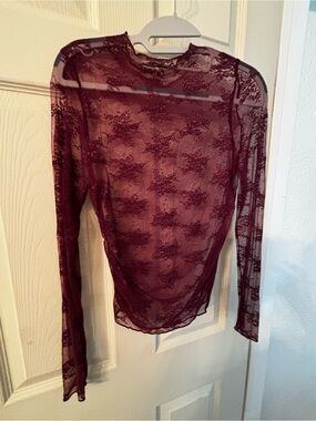 Free People Sheer Lace Long Sleeve Top - Wine
